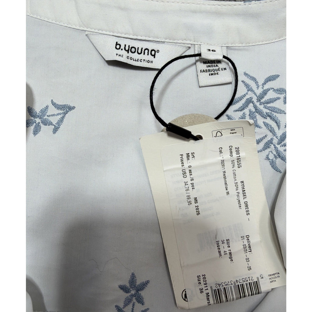B.Young White Embroidered Floral Tie Waist Shirt Dress Size 36 NWT
