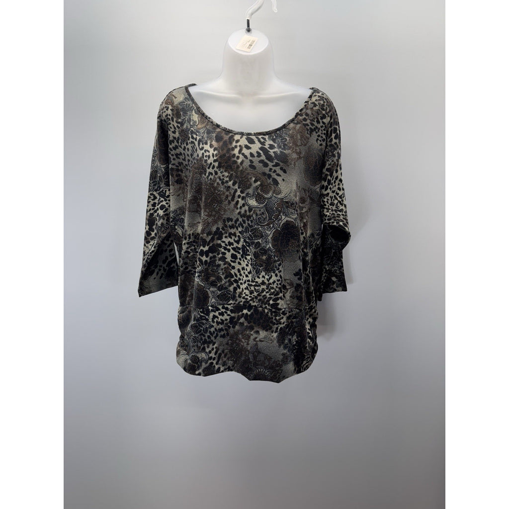 VINTAGE SUZIE Animal Print Cowl Neck Blouse Green Size Medium Lightweight Casual