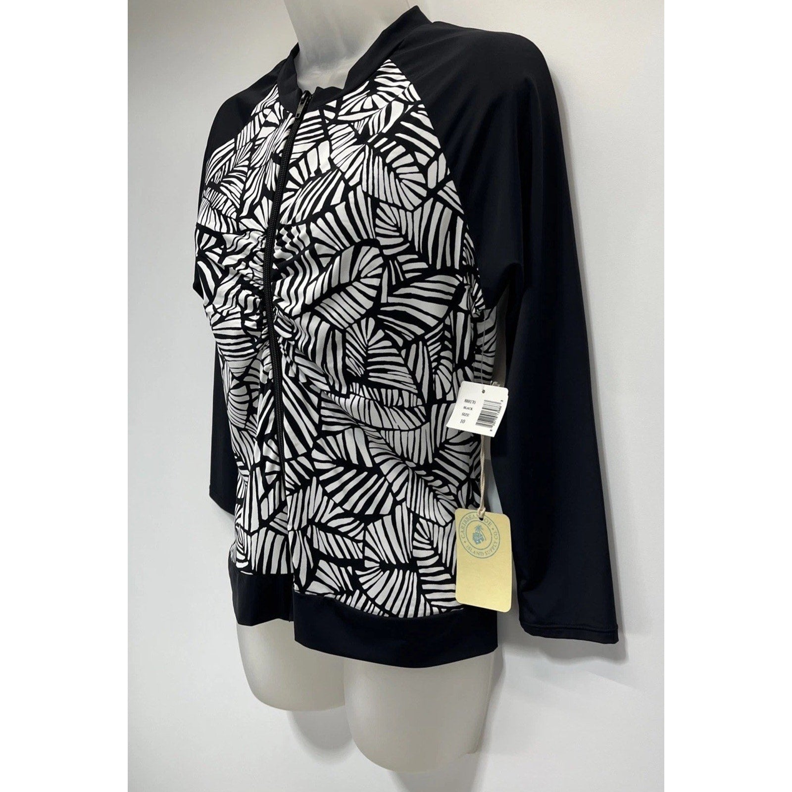 NWT Caribbean Joe Swimsuit Rash Guard Long Sleeve Top Sz 10 Black Zipper