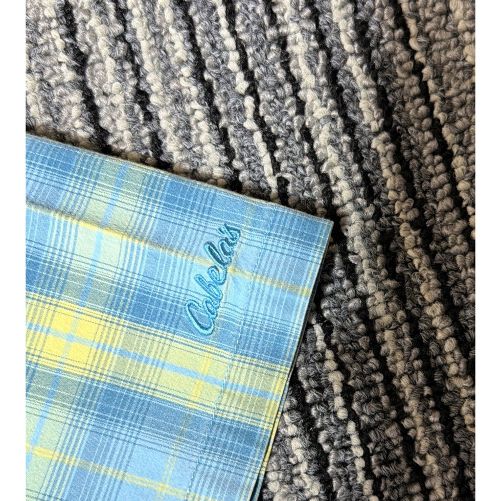 Cabela’s Women L Blue Yellow Plaid Button Down Shirt Short Sleeve Stretch Cotton
