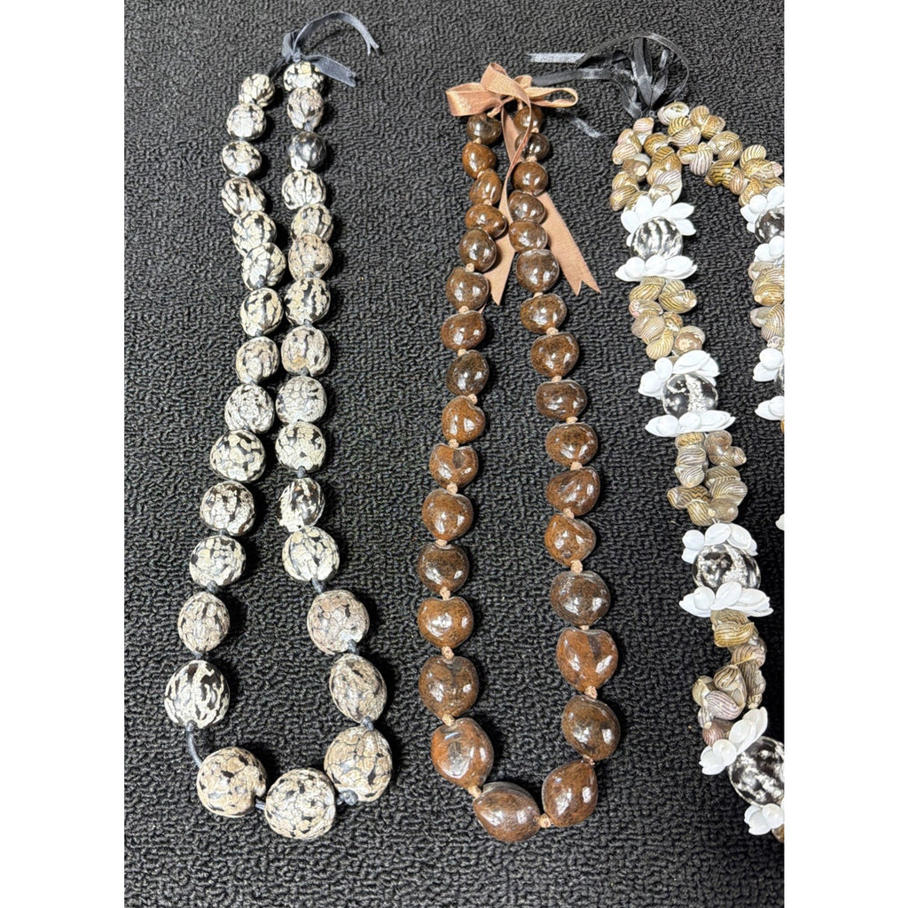 3 Mongo Shell Hawaiian Lei Necklace Accented w/ Kukui Nuts Luau