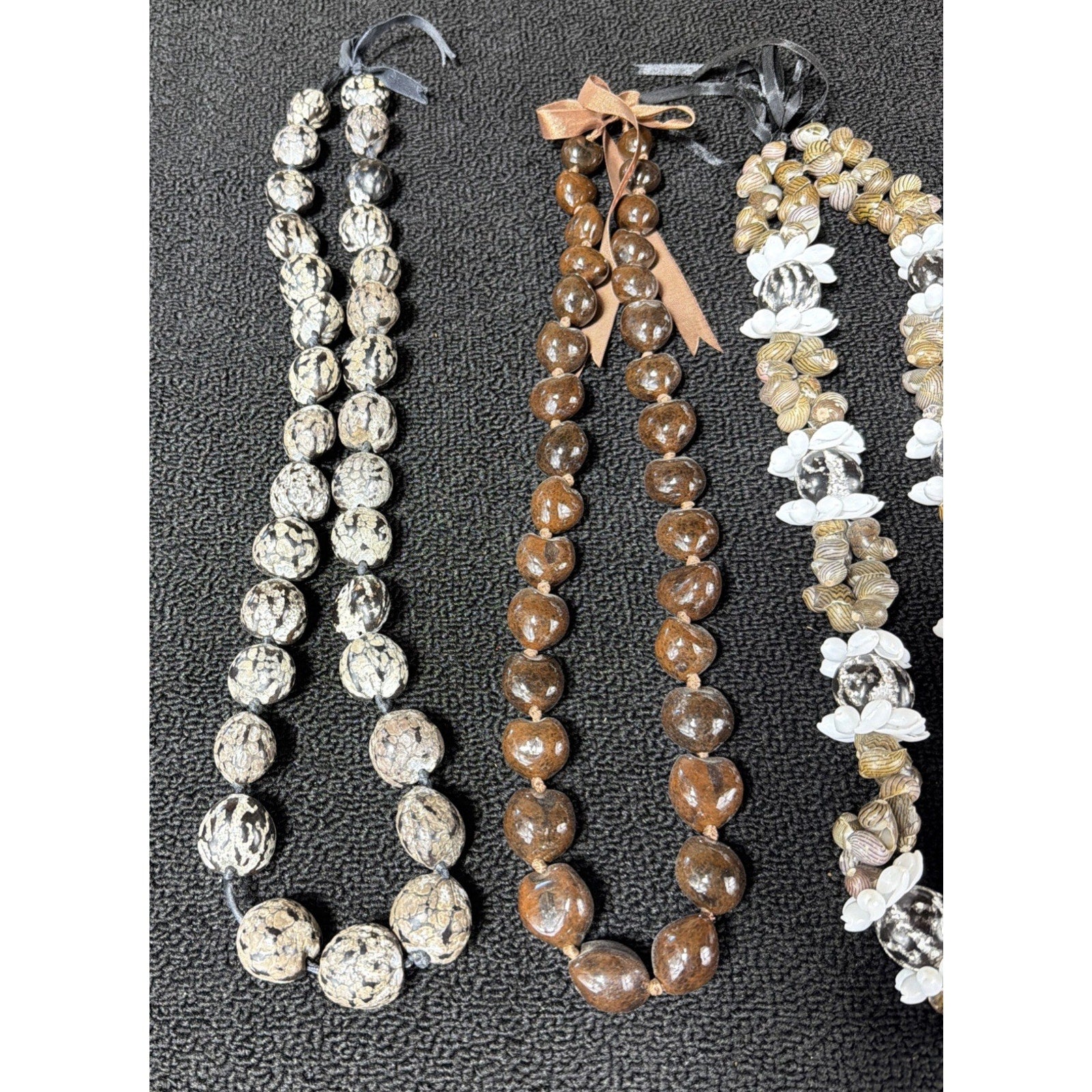 3 Mongo Shell Hawaiian Lei Necklace Accented w/ Kukui Nuts Luau