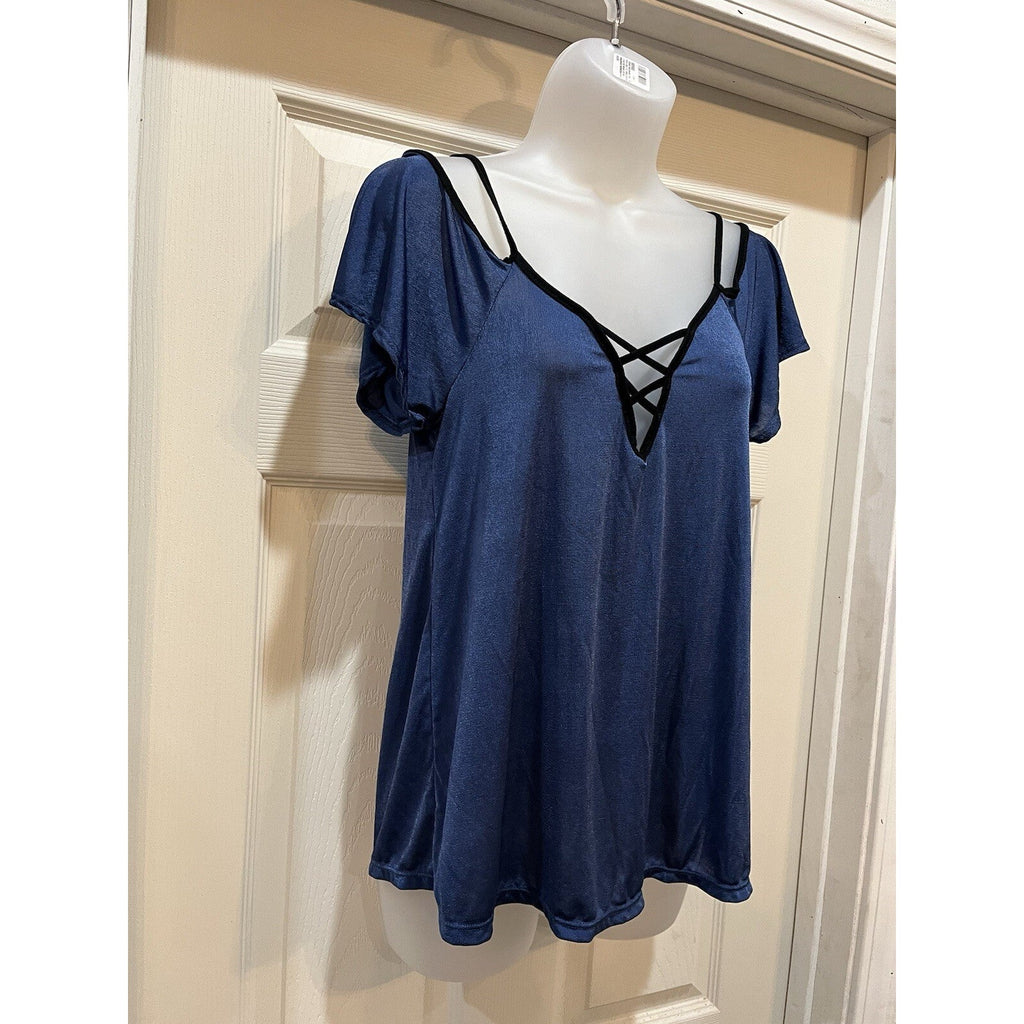 Mine Strappy Blue V Neck Short Sleeve Top Cold Shoulder Women's Size Small