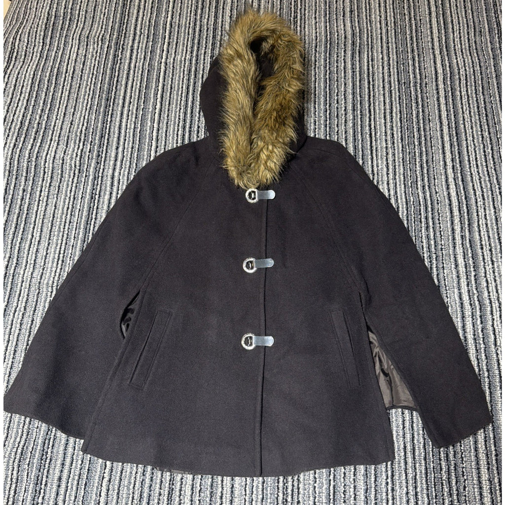 $250 Michael Kors Wool Cape Coat with Faux Fur Trim Hood Sz Large