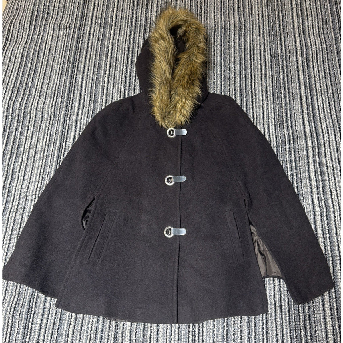$250 Michael Kors Wool Cape Coat with Faux Fur Trim Hood Sz Large