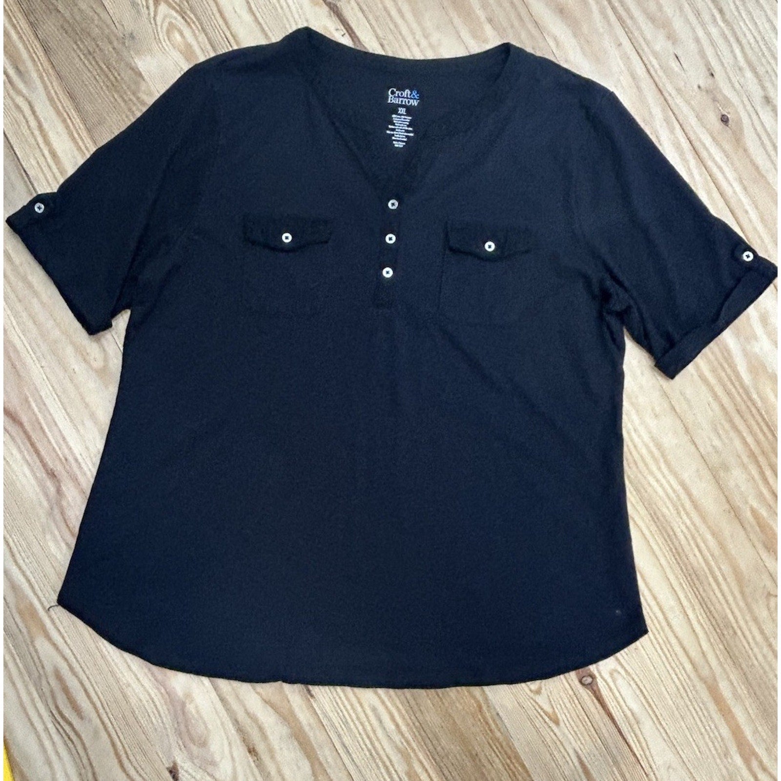 Women's Croft & Barrow Black Elbow Slv Curved Hem Split V-Neck Top XXL