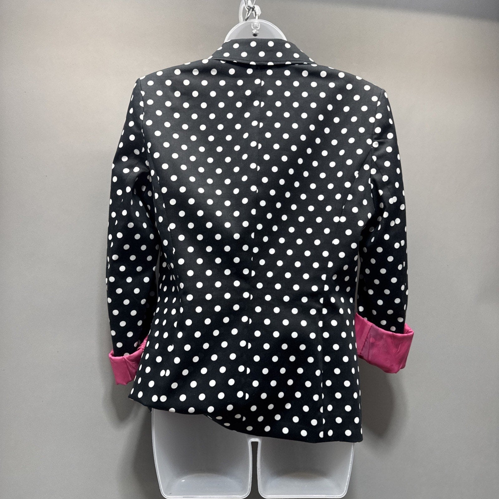 Focus 2000 Women Black Polka Dot Blazer Jacket Hot Pink Lining Women’s Size 8