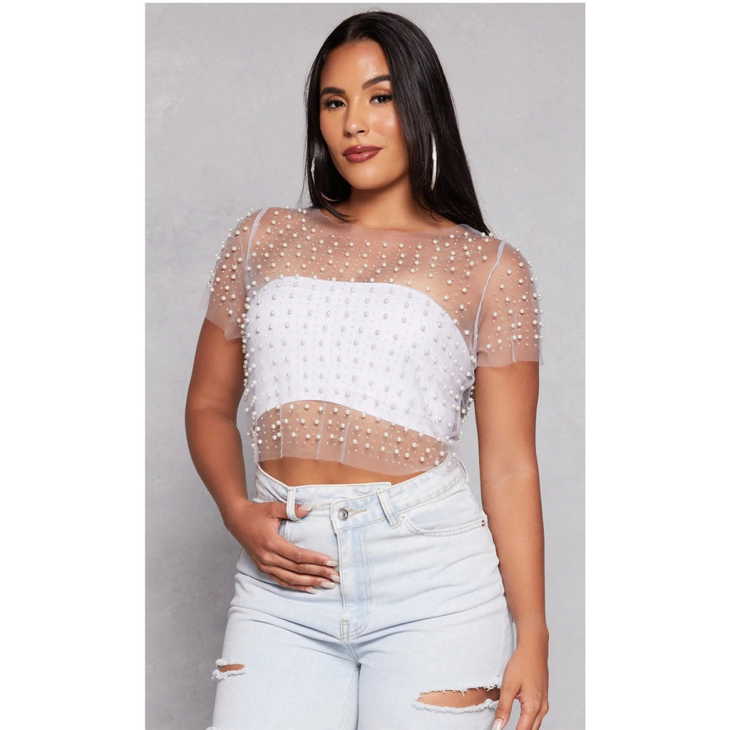 Haute Monde Young Contemporary Pearl Mesh Top Size Large