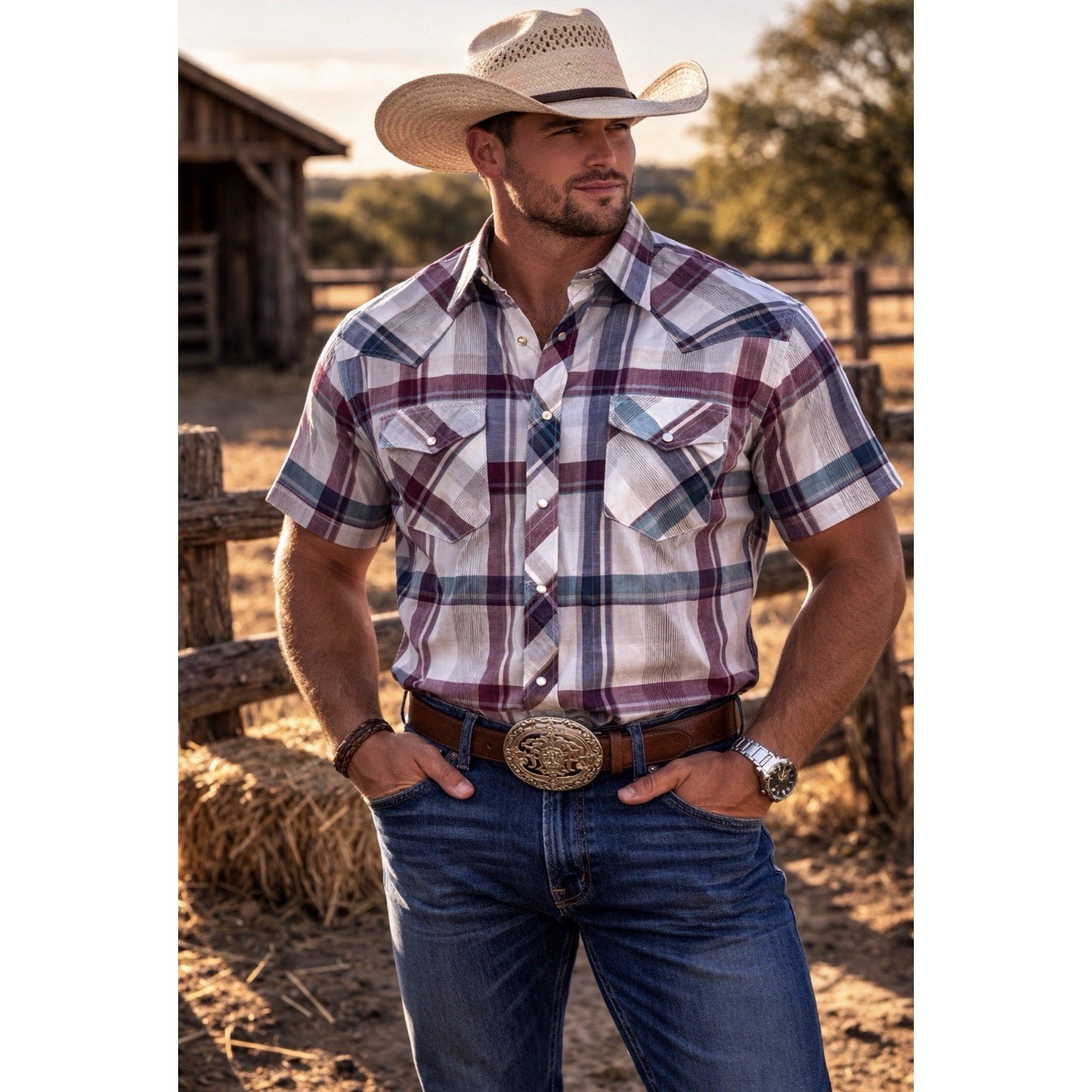 Vintage Stagecoach Western Shirt XXL Big Man Plaid Pearl Snap Short Sleeve New