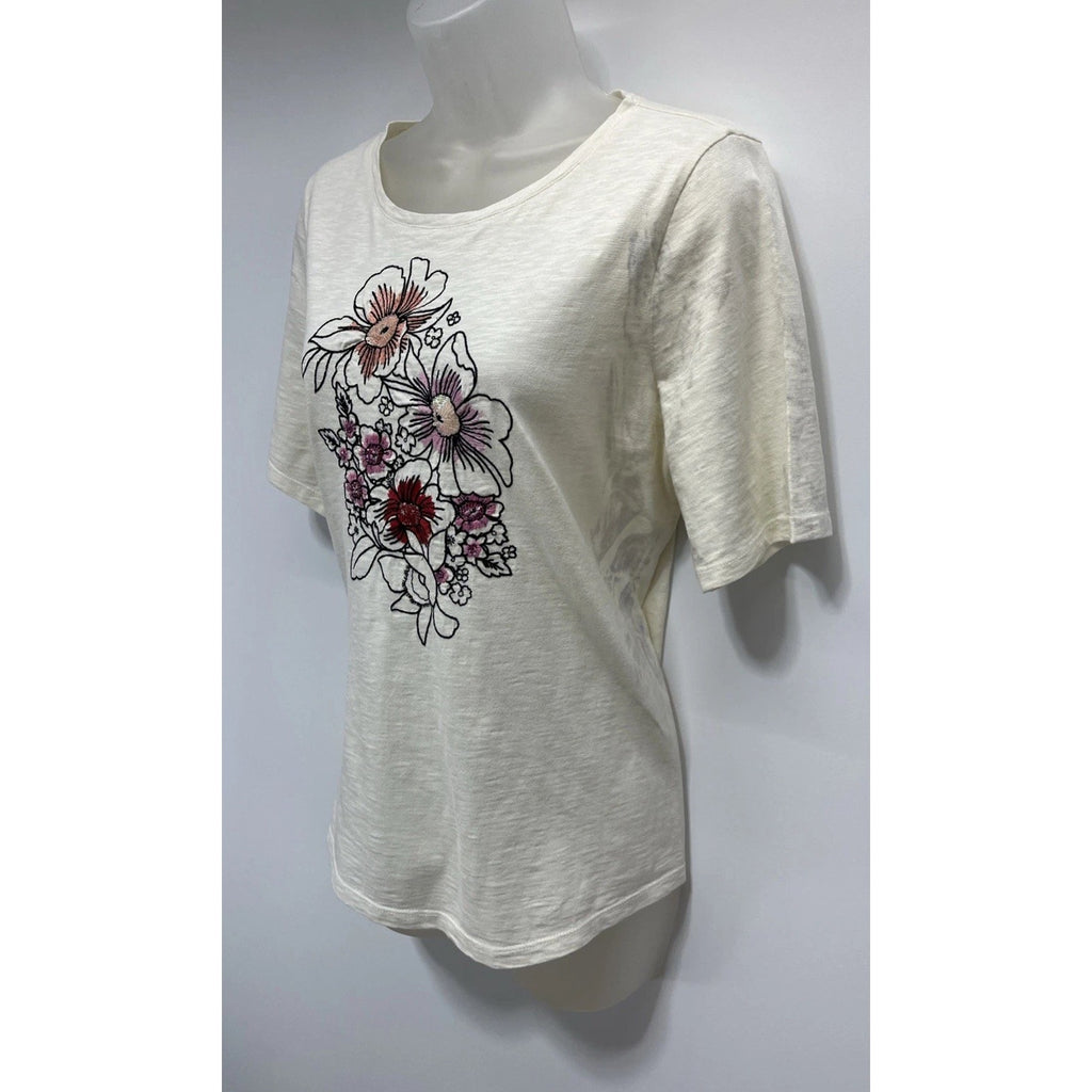 Talbots Eggshell T Shirt Large Petite With Sequin Flowers Women’s