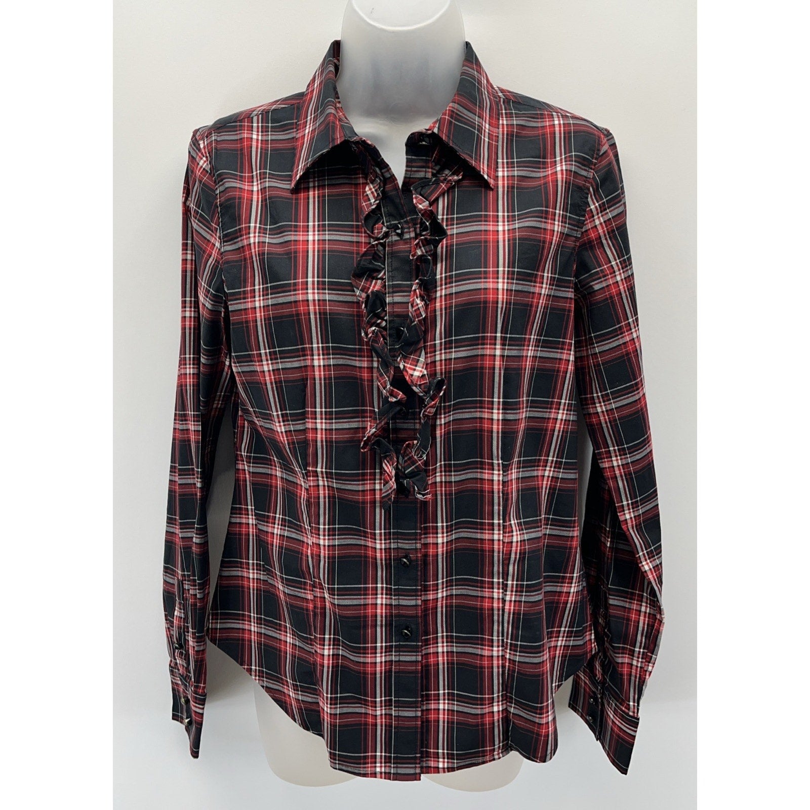 Talbots Black Red White Plaid Stretch Ruffle Button Down Blouse Size 6