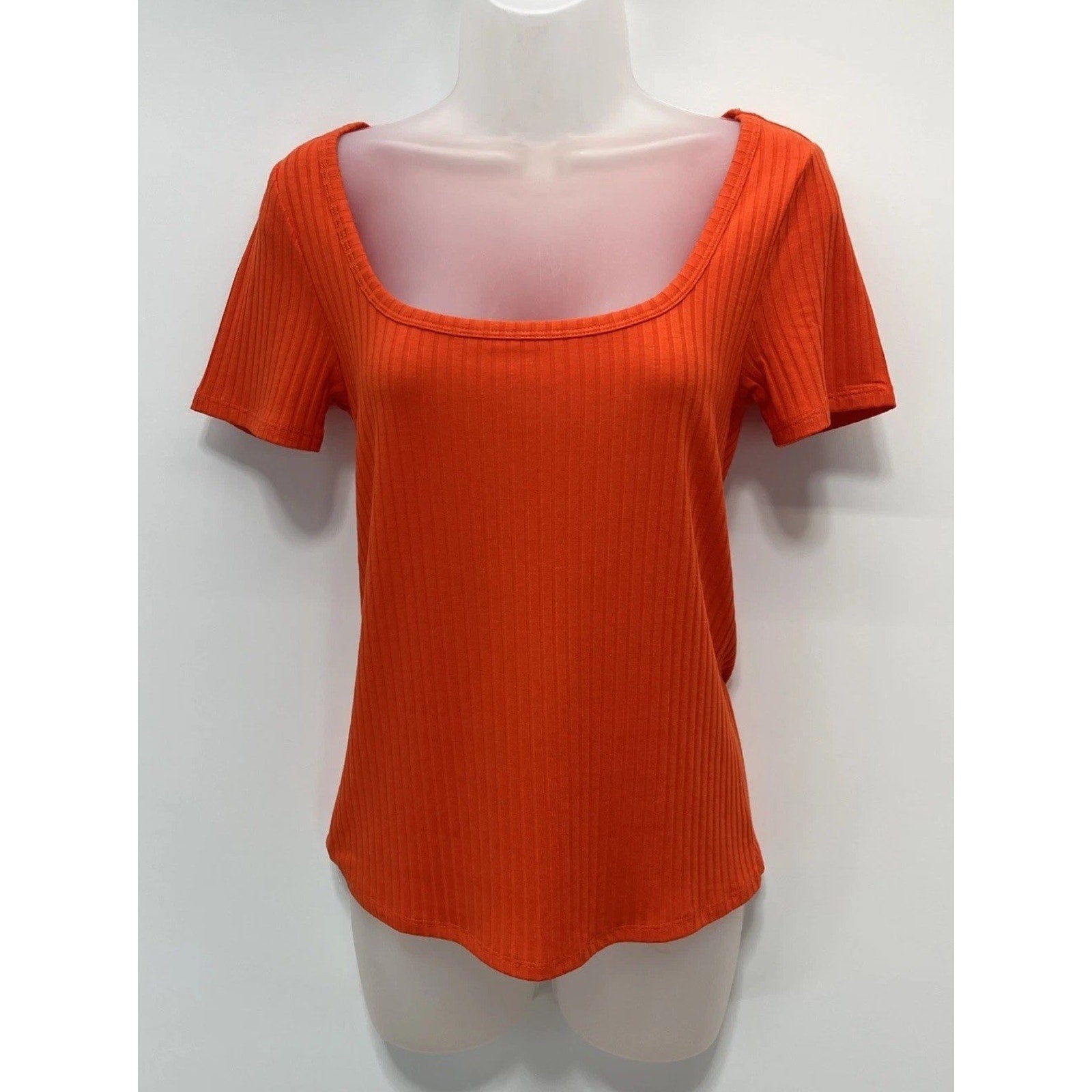 NWT Loft Short Sleeve Shirt Women Medium Orange Scoop Neck Ribbed Stretch Casual