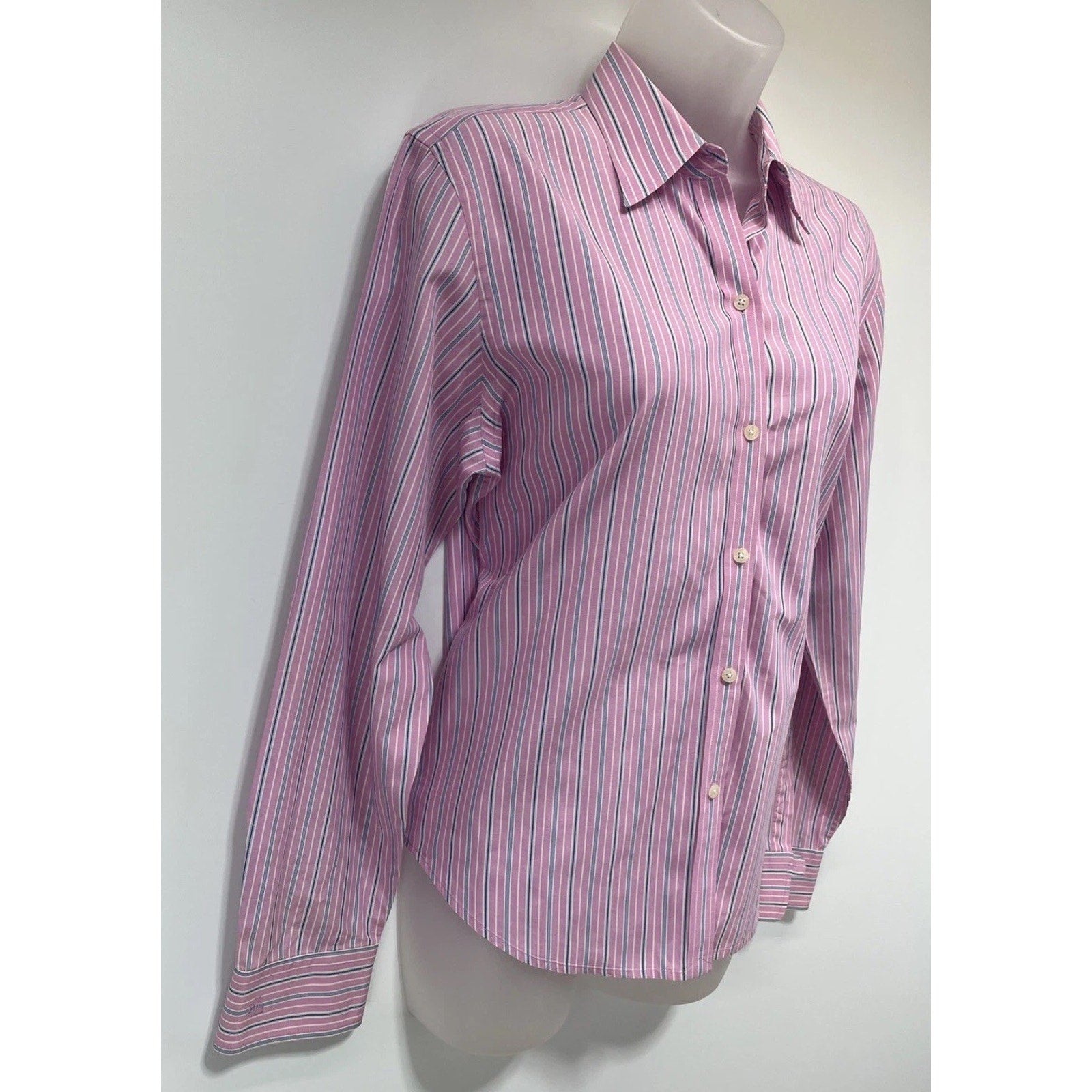 Lauren Ralph Lauren Shirt Ladies Size M Pink Striped LS Point Collar