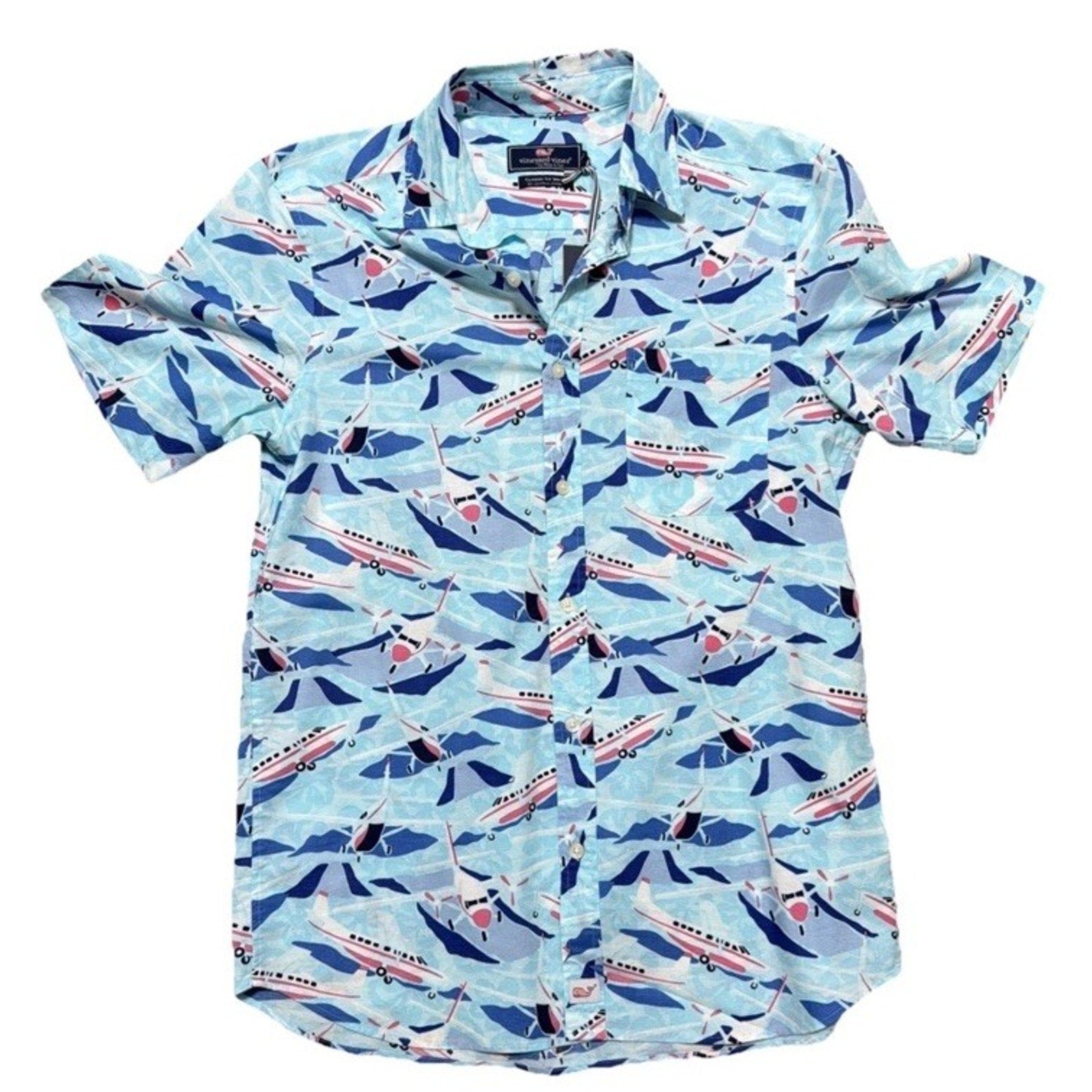 Vineyard Vines Jet Set Airplane Print Button Down Shirt Men’s Small Blue NWT