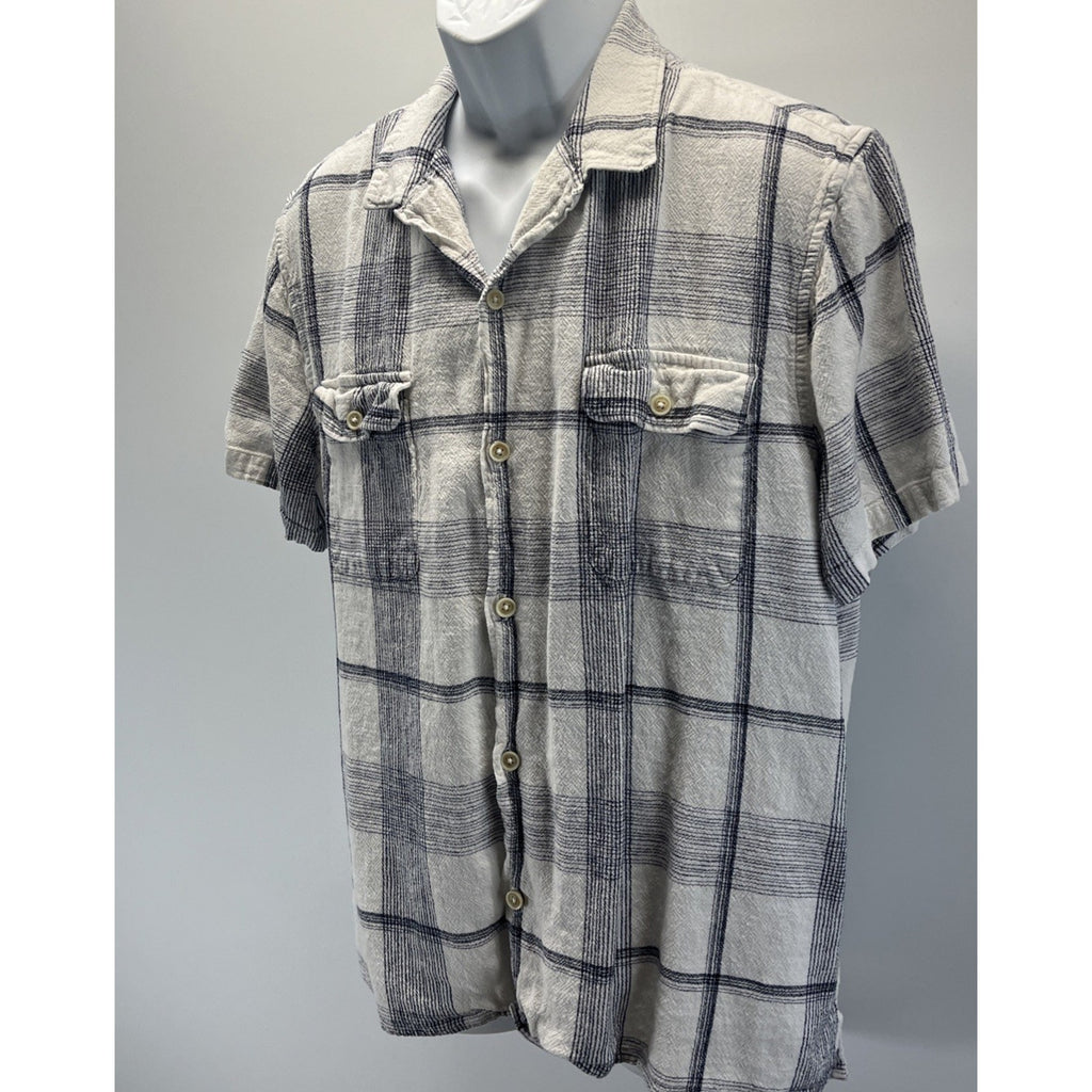 Lucky Brand Linen Blend Short Sleeve Plaid Button Front Shirt Men's XL White