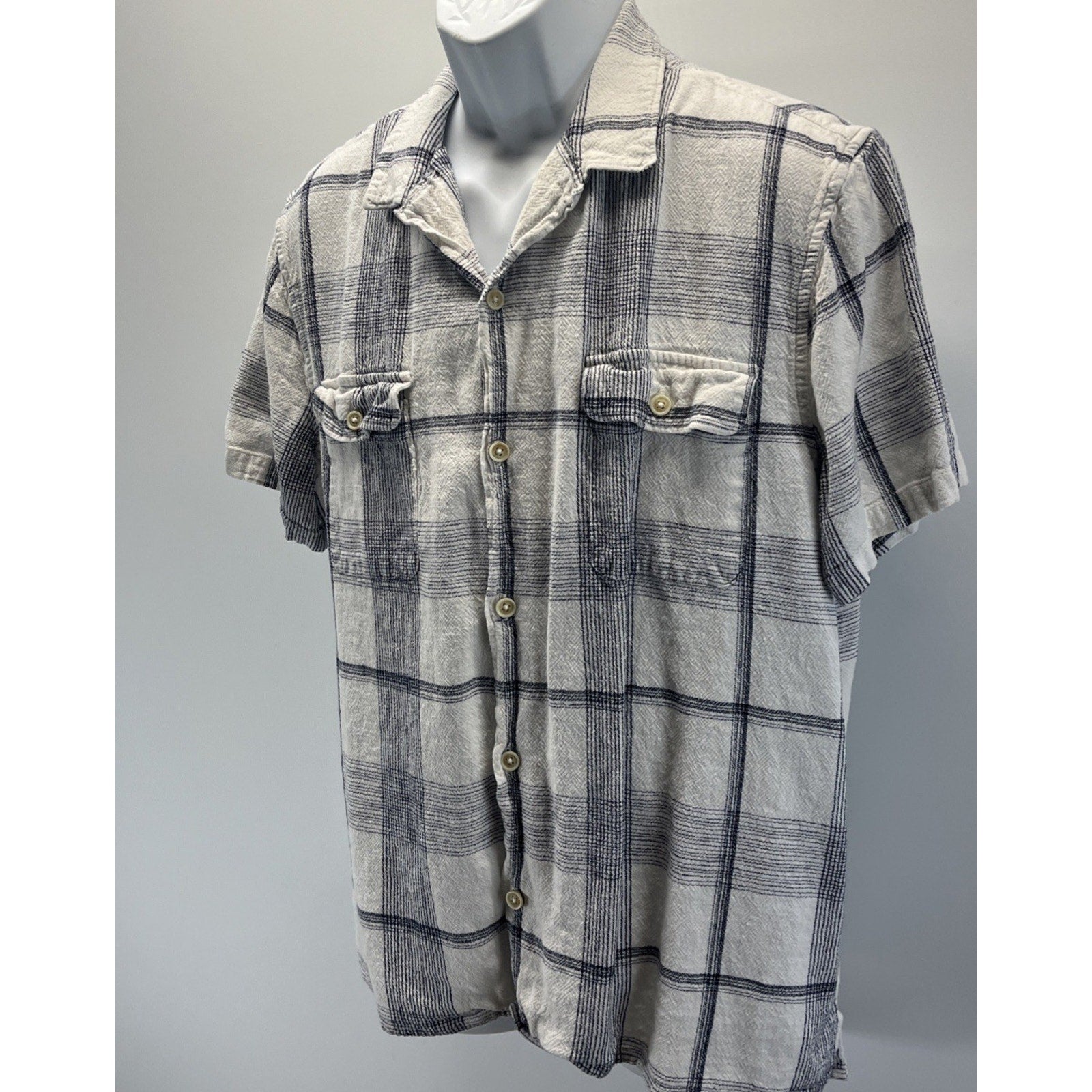 Lucky Brand Linen Blend Short Sleeve Plaid Button Front Shirt Men's XL White