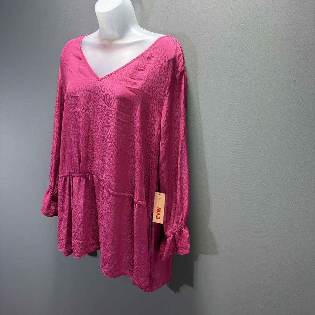 Evri Womens Plus sz 2X Top Pink Leopard Print Fitted Cinch Waist V Neck NWT