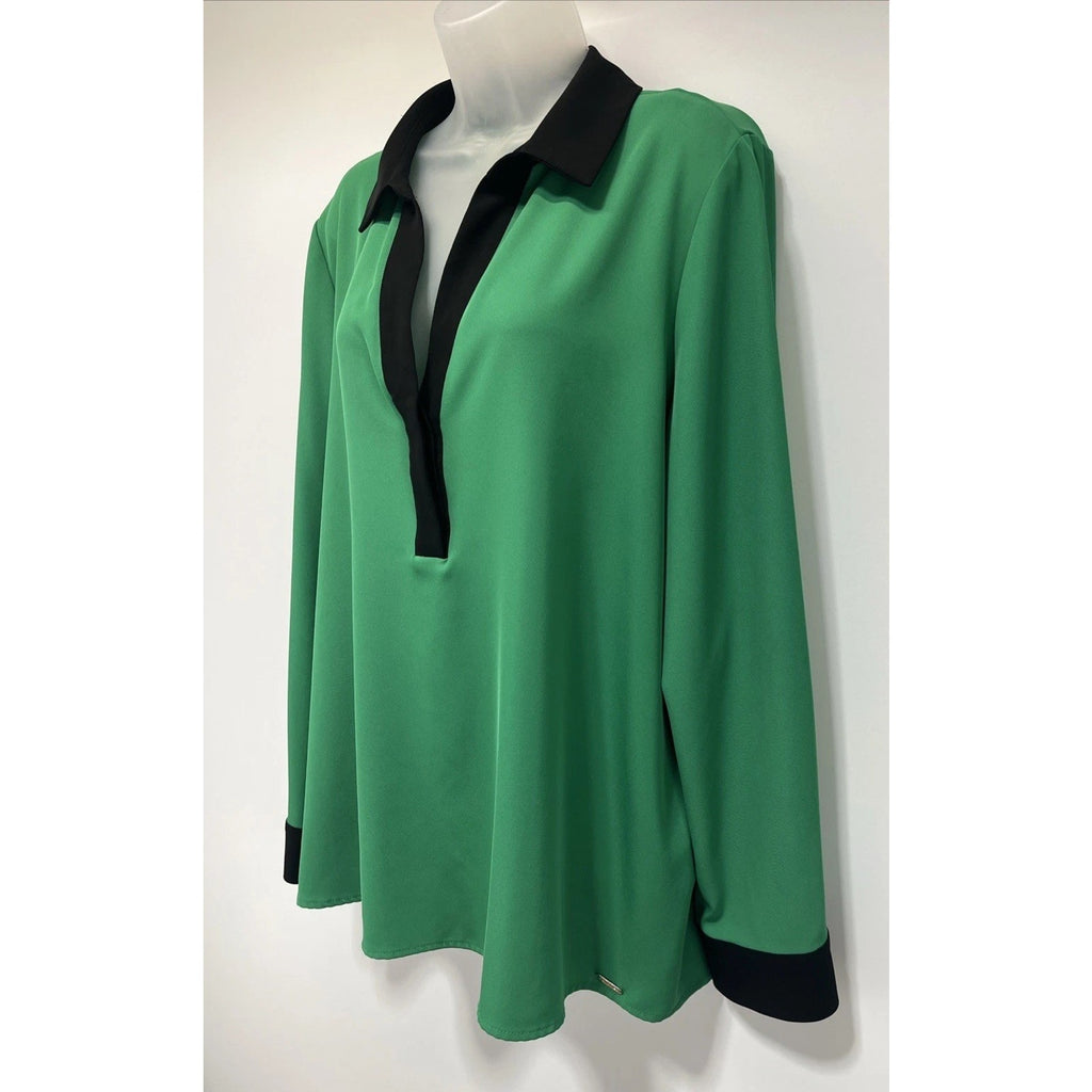 Calvin Klein Green Black Trim Long Sleeve V-Neck Womens Tunic Top Size 16