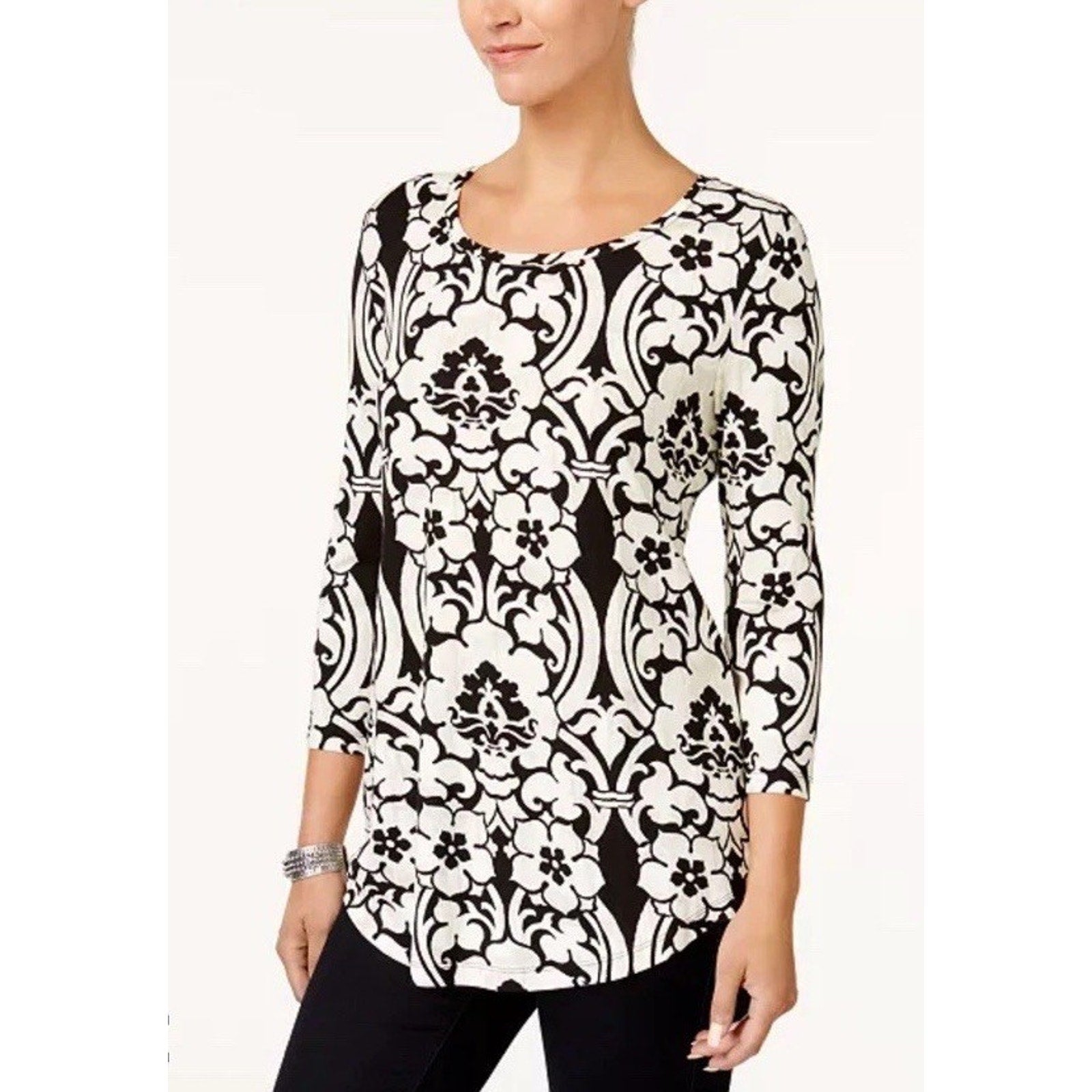 JM Collection Women’s Top Blouse Size Small White Black Floral 3/4 Sleeve
