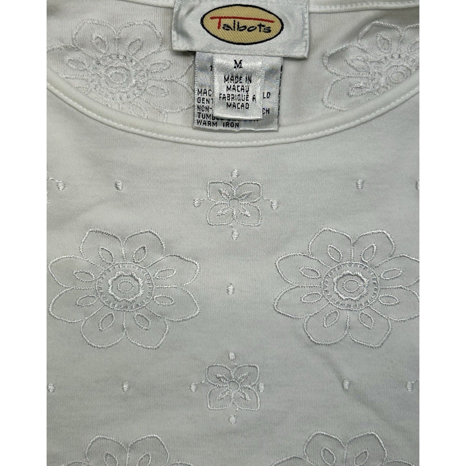TALBOTS Women's 100%Cotton Short Sleeve Top Embroidered Solid White Size Medium