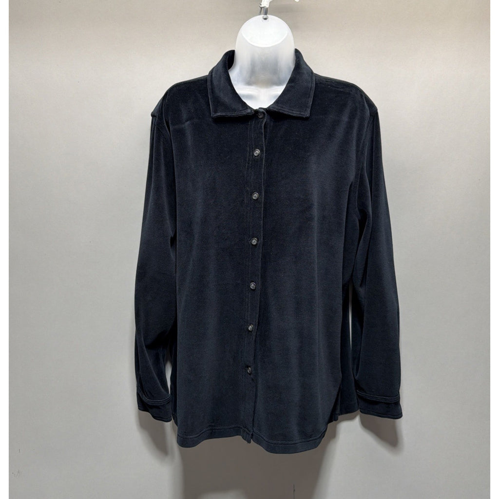 LL Bean Womens Sz L Black Velvet Velour Long Button Up Overshirt Shacket Top