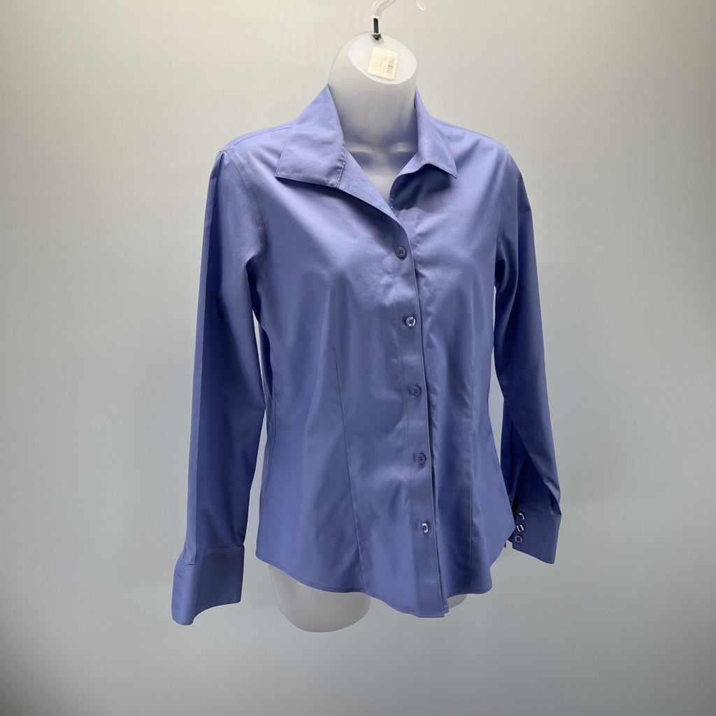 Chico's Light Blue Non-Iron Shirt V Neck Button Roll-up Sleeve Women Size 0