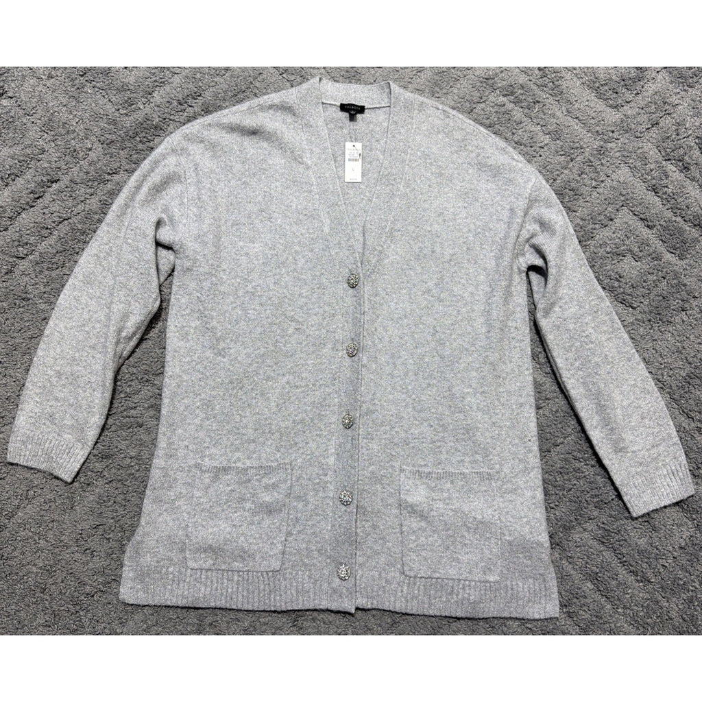 Talbots Jewel Button Cardigan L Pockets Metallic Silver Career Preppy Casual NWT