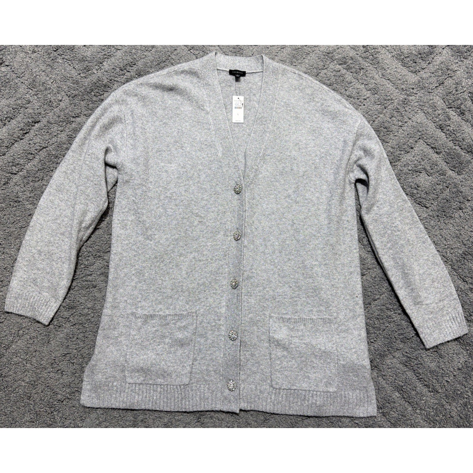 Talbots Jewel Button Cardigan L Pockets Metallic Silver Career Preppy Casual NWT
