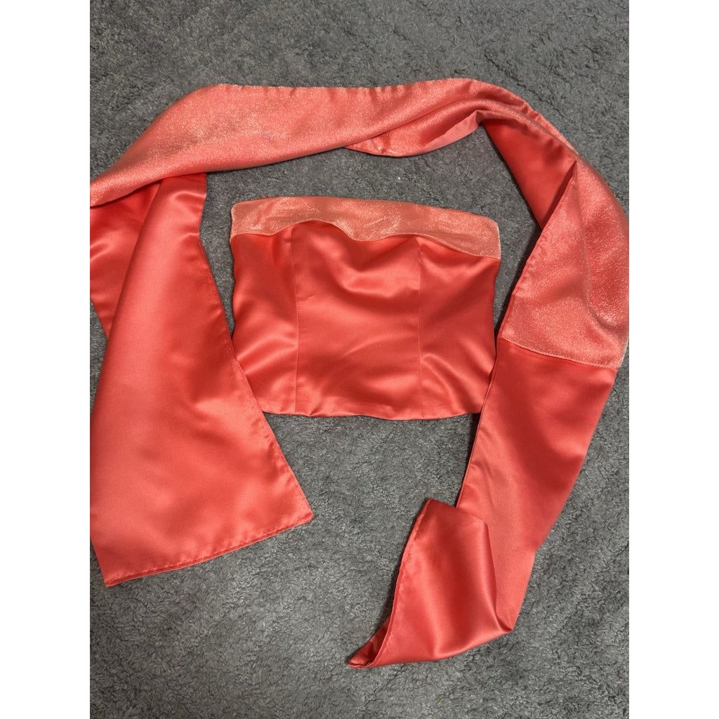 Red Satin Strapless Scarf Top Set Y2K Corset Bandeau Club Party Going Out