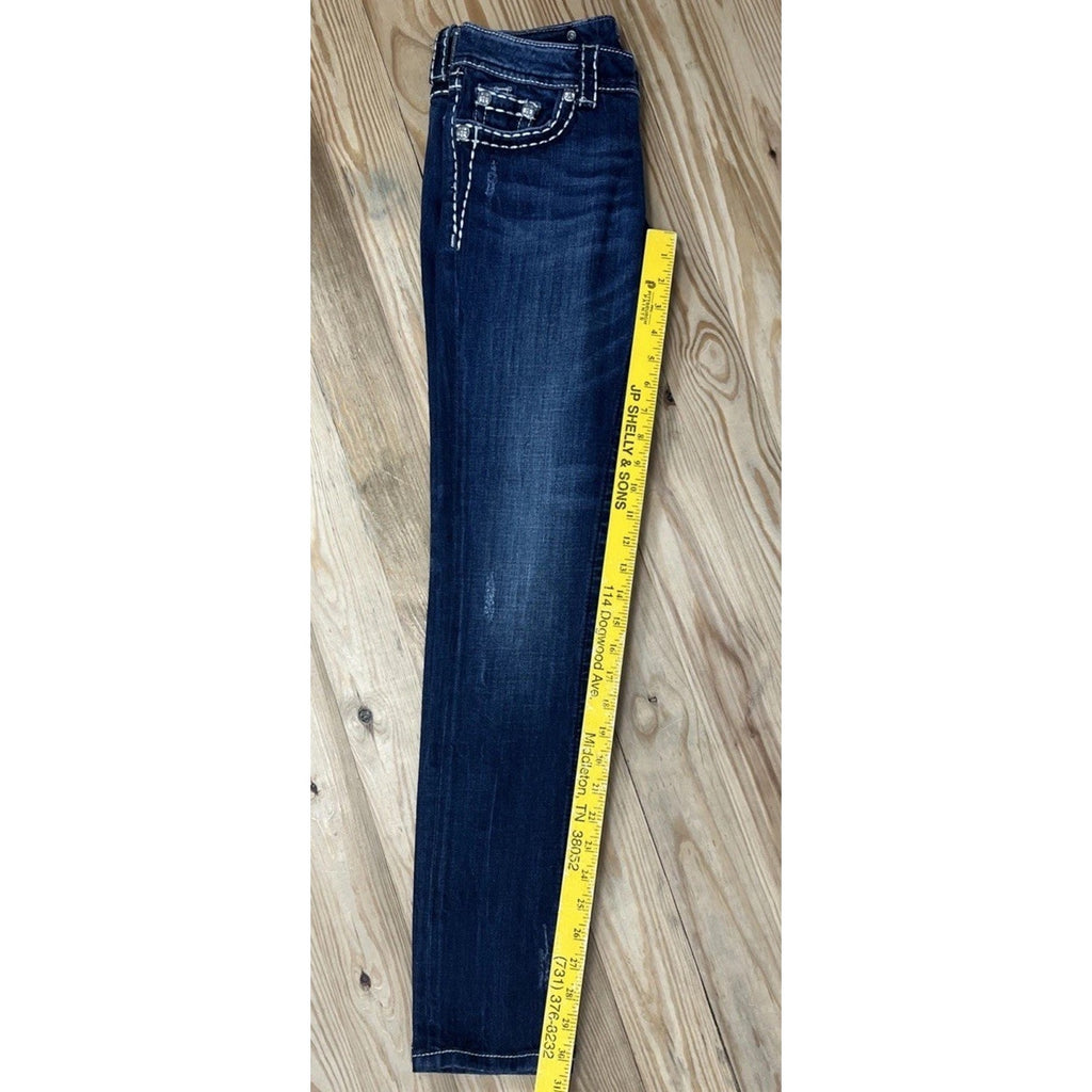Miss Me Skinny blue denim jeans size 27 Distressed Thick Stitch EUC