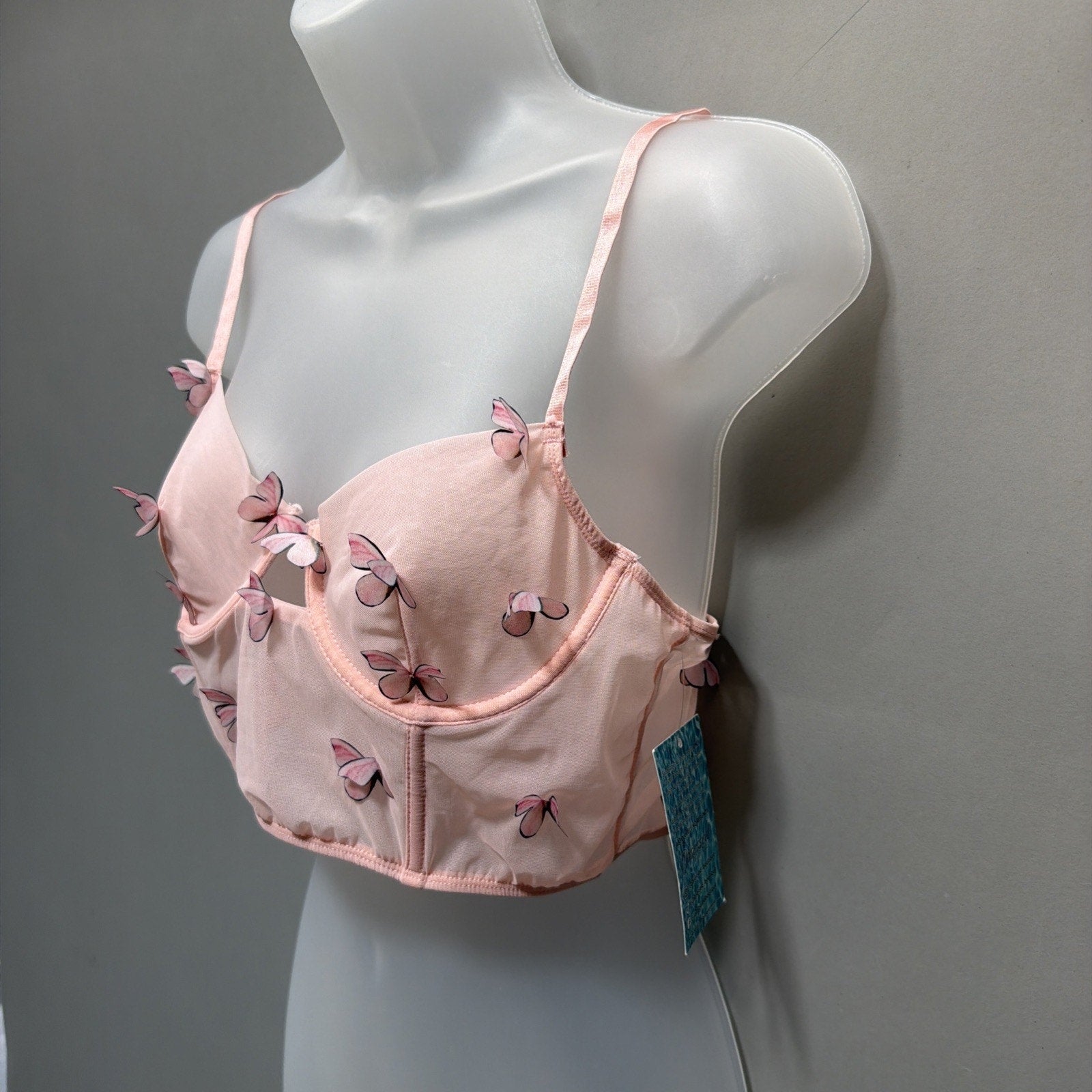 New 3D Butterfly Blue Sheer Bra Corset Top Size Large