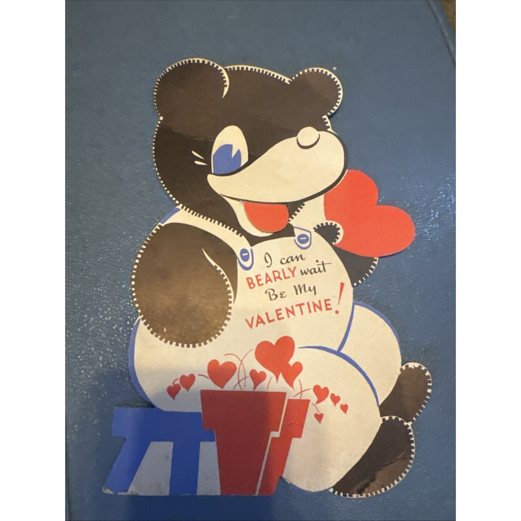Vintage 1940s Mechanical Valentine Card Bear Movable Tongue Die Cut Heart