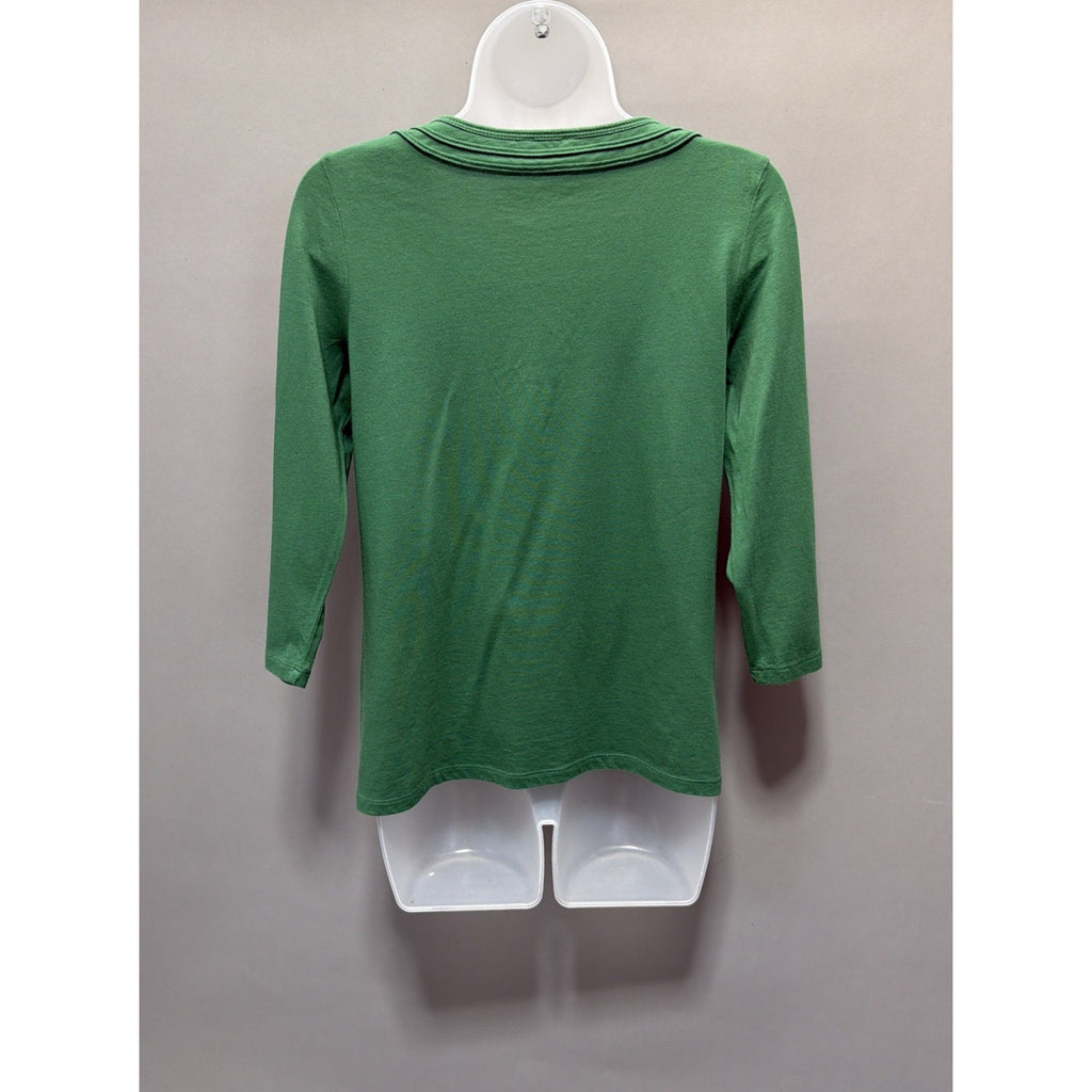 Talbots Sz Petite Medium Green Cotton Modal Shirt Tunic Split Neck Minimalist