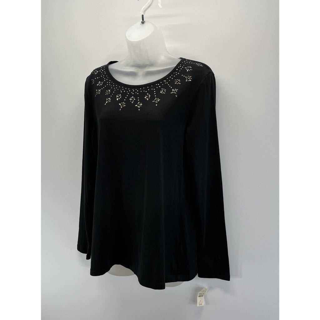NWT Beautiful Women's M Talbots Black Sequined Design Long Sleeve Knit Top