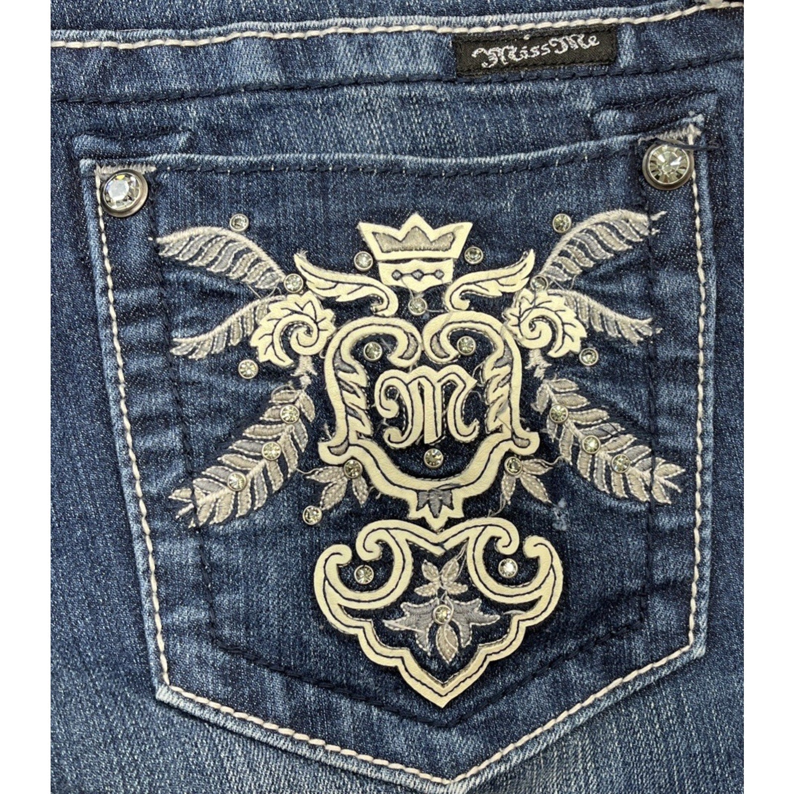 Miss Me Low Rise Boot Jeans Women 28 Blue Dark Wash Embellished Denim Bootcut