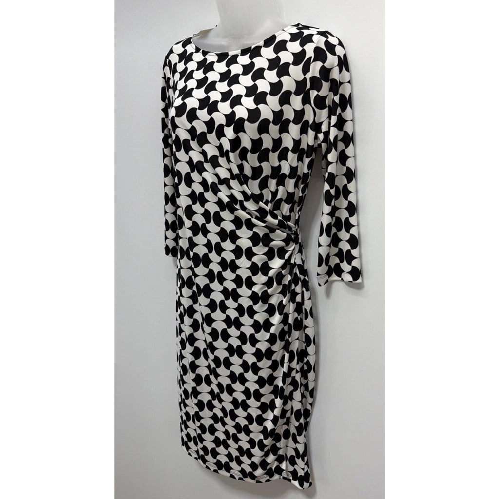 Talbots Dress Womens Petite M Black White Jersey Stretch Faux Wrap Career Casual