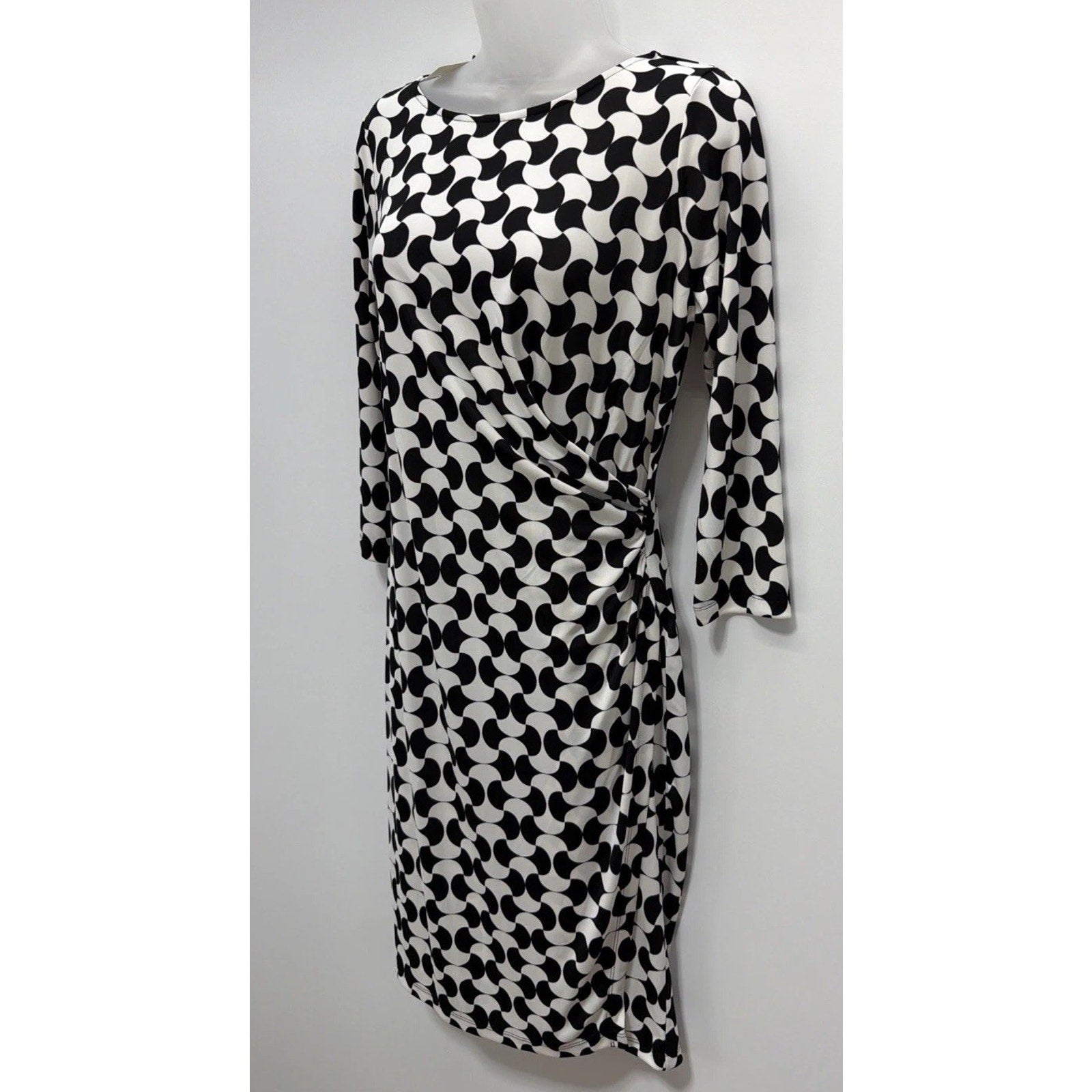 Talbots Dress Womens Petite M Black White Jersey Stretch Faux Wrap Career Casual