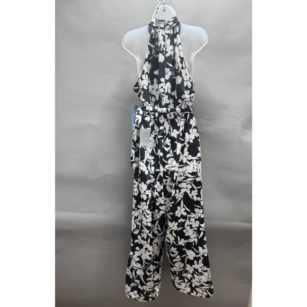 NWT London Times Size 10 Black White Floral Halter Wide Leg Jumpsuit Belted