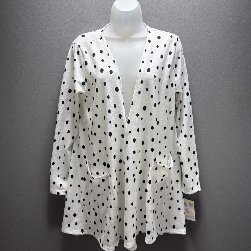 New Lularoe Caroline Jacket Cardigan Pockets White Black Polka Dots Sz M Stretch