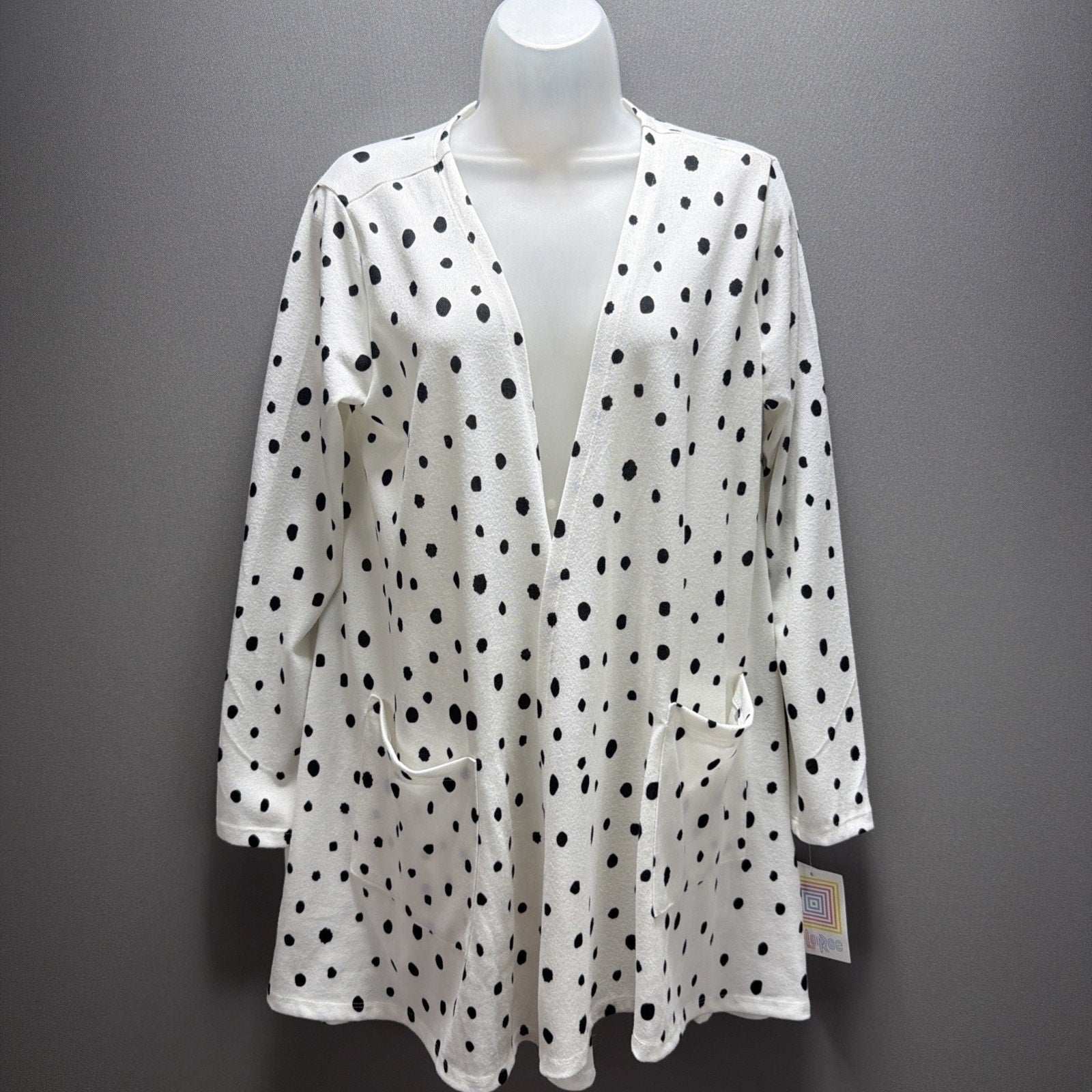 New Lularoe Caroline Jacket Cardigan Pockets White Black Polka Dots Sz M Stretch