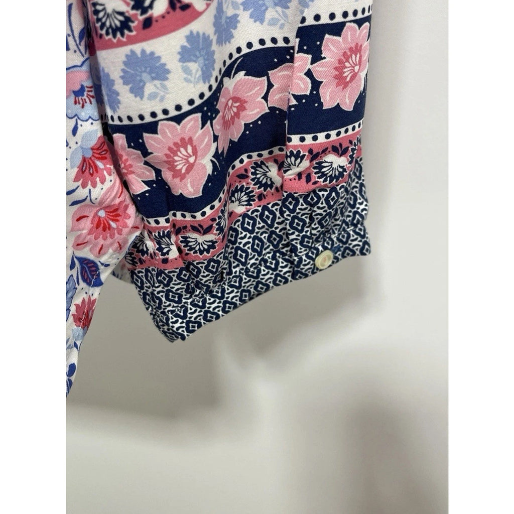 TALBOTS Top Size M Blue Pink Floral Boho Rayon Popover Long Sleeve Womens Light