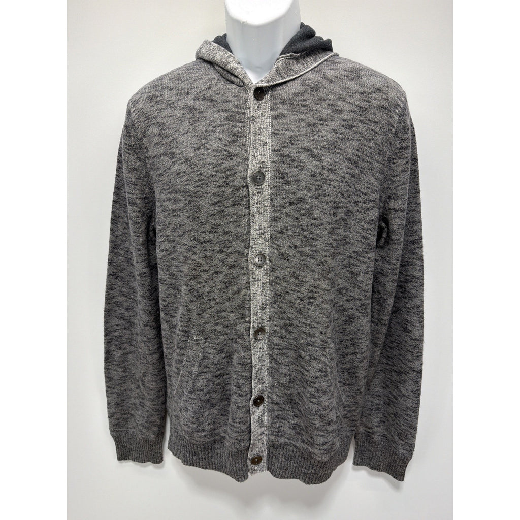 EXPRESS Mens Full Button Hooded Cardigan, Heather Gray Sz L 100% Cotton