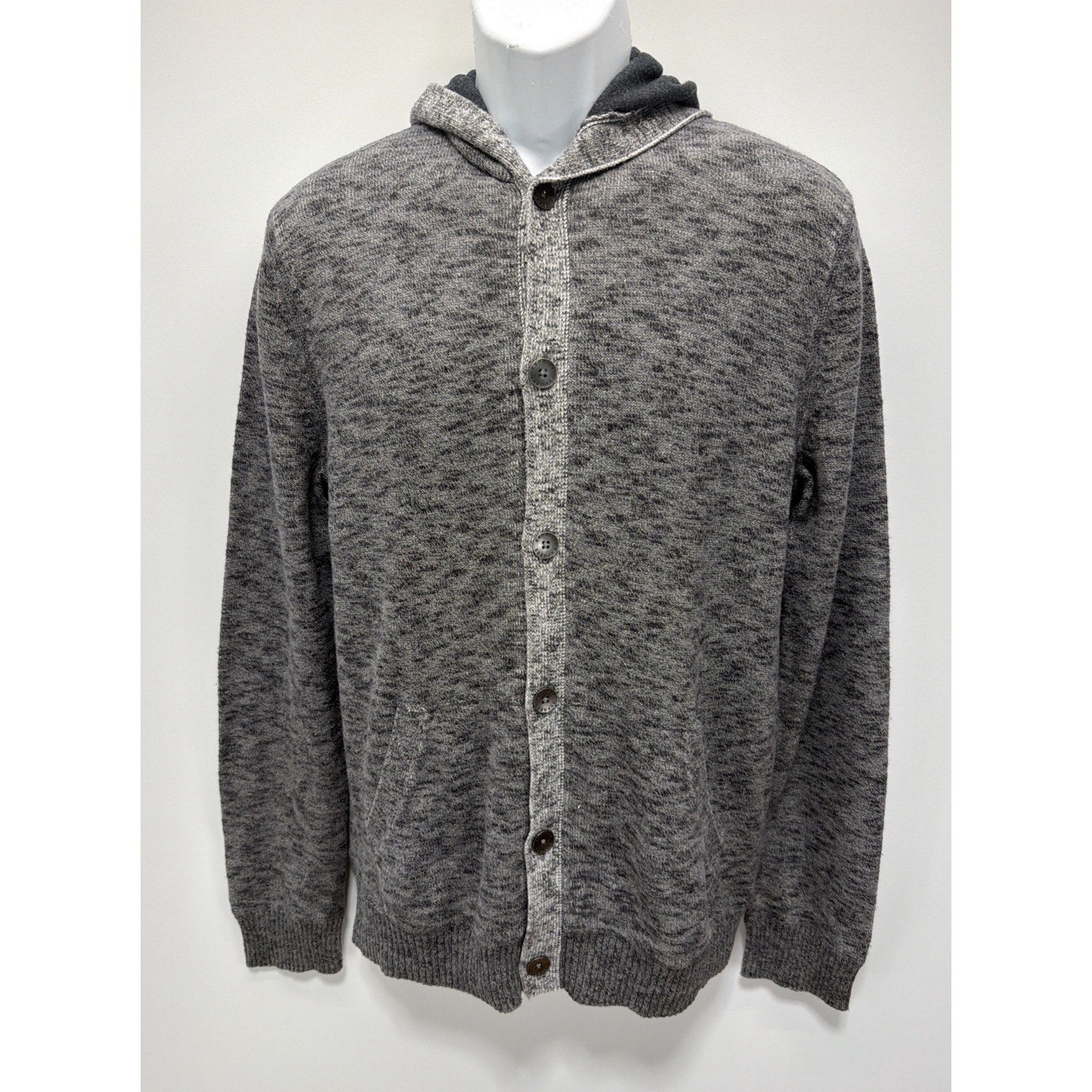 EXPRESS Mens Full Button Hooded Cardigan, Heather Gray Sz L 100% Cotton