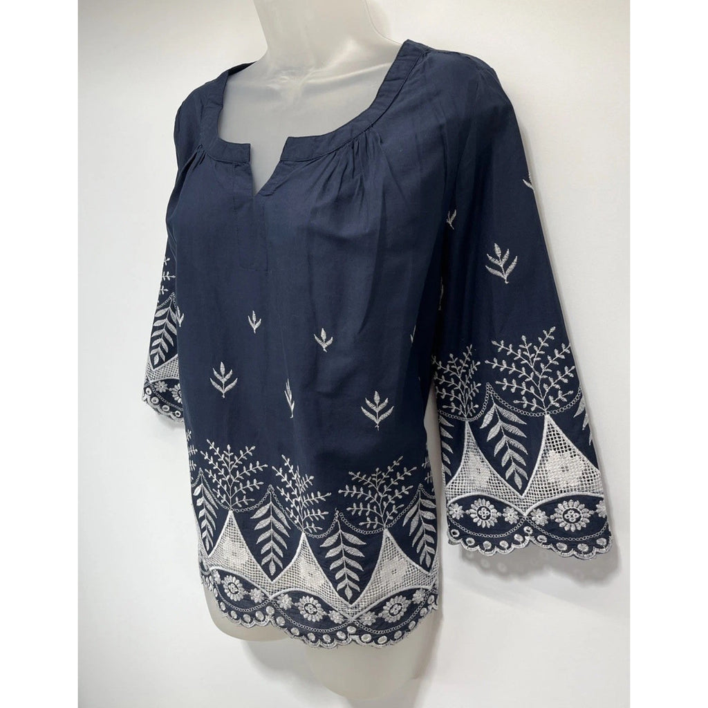 MONORENO Blue Peasant Shirt Size Small Cotton Gauze Crochet Relaxed Top NWT