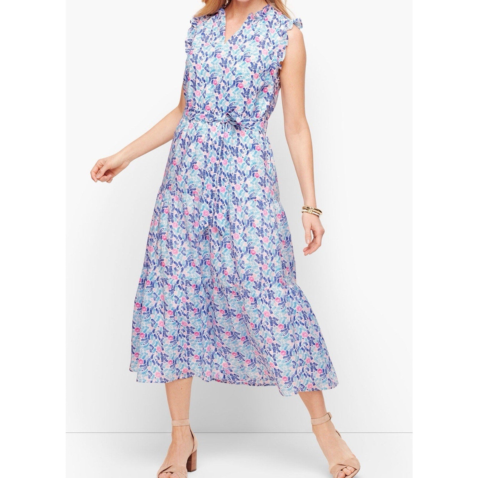 Talbots Blue Pink Floral Tiered Maxi Dress Elastic Waist With Tie Women’s 14 NWT