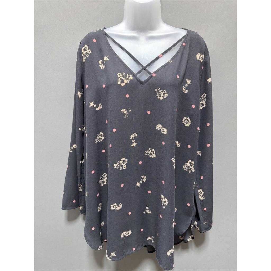 Express Women's Dark Gray Long Sleeve Tunic w/Pink Dots/Cream Flowers XL