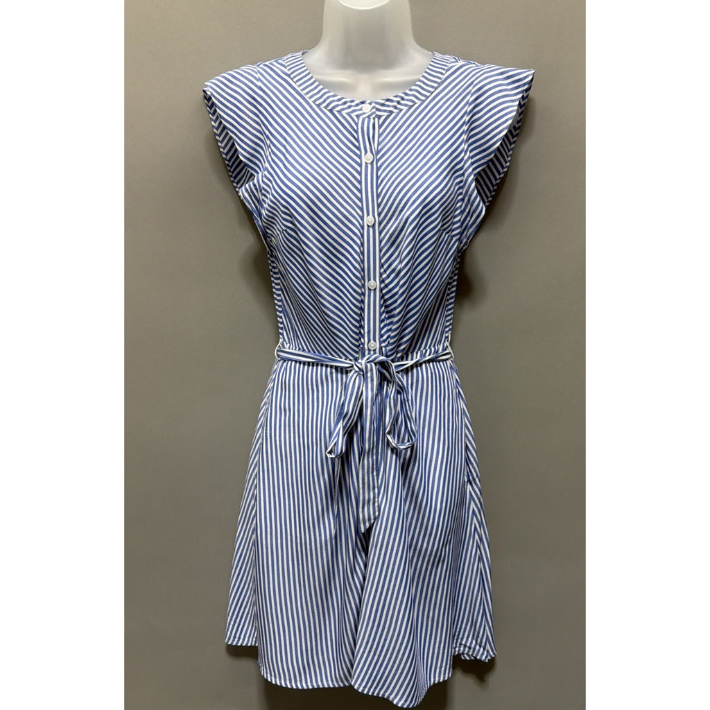 Ann Taylor LOFT Flutter Sleeve Button Front Dress Blue White Stripes Size 4 Pet