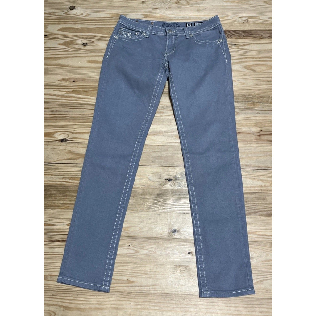 MISS ME Denim Women's Embroidery Rhinestones Low Rise Skinny Gray Jeans 30