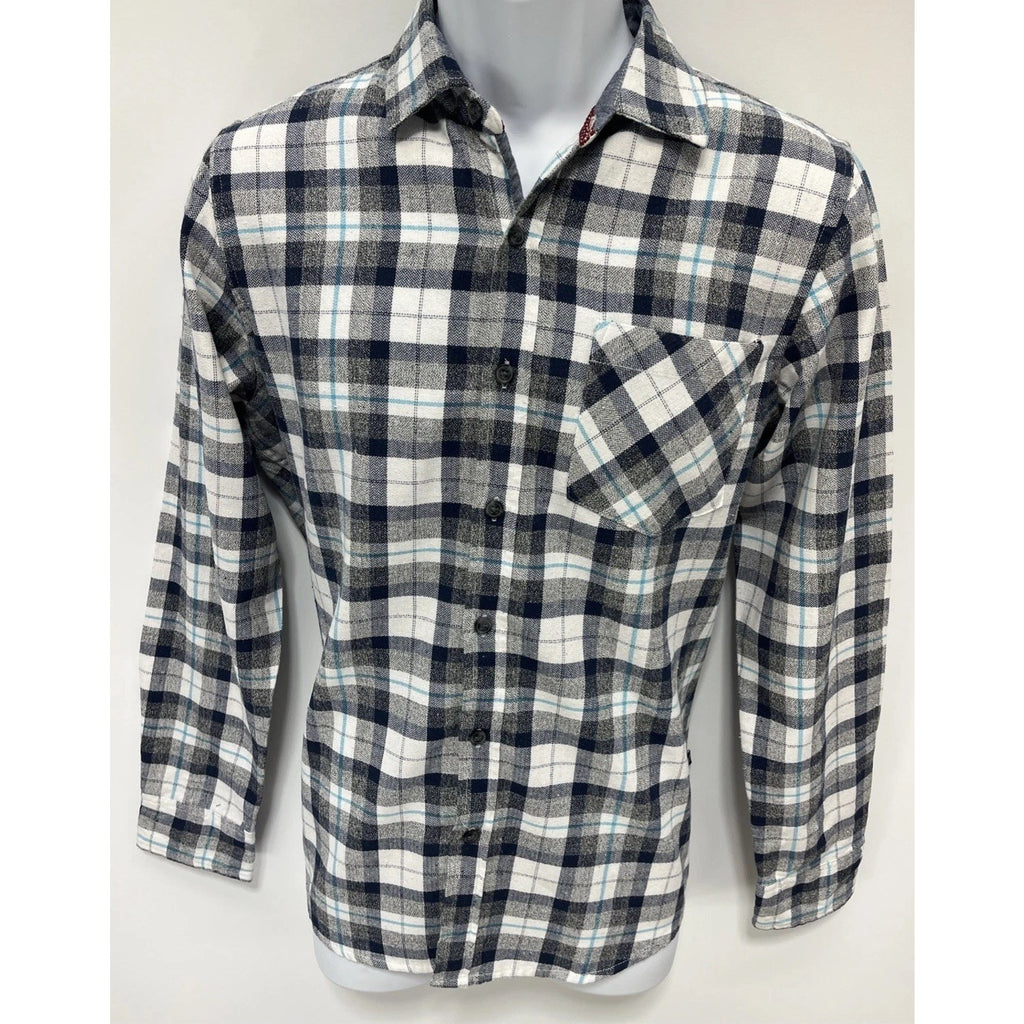 MBX LA Flannel Collection Men's Button-Down Shirt Gray/White Blue Plaid Size S