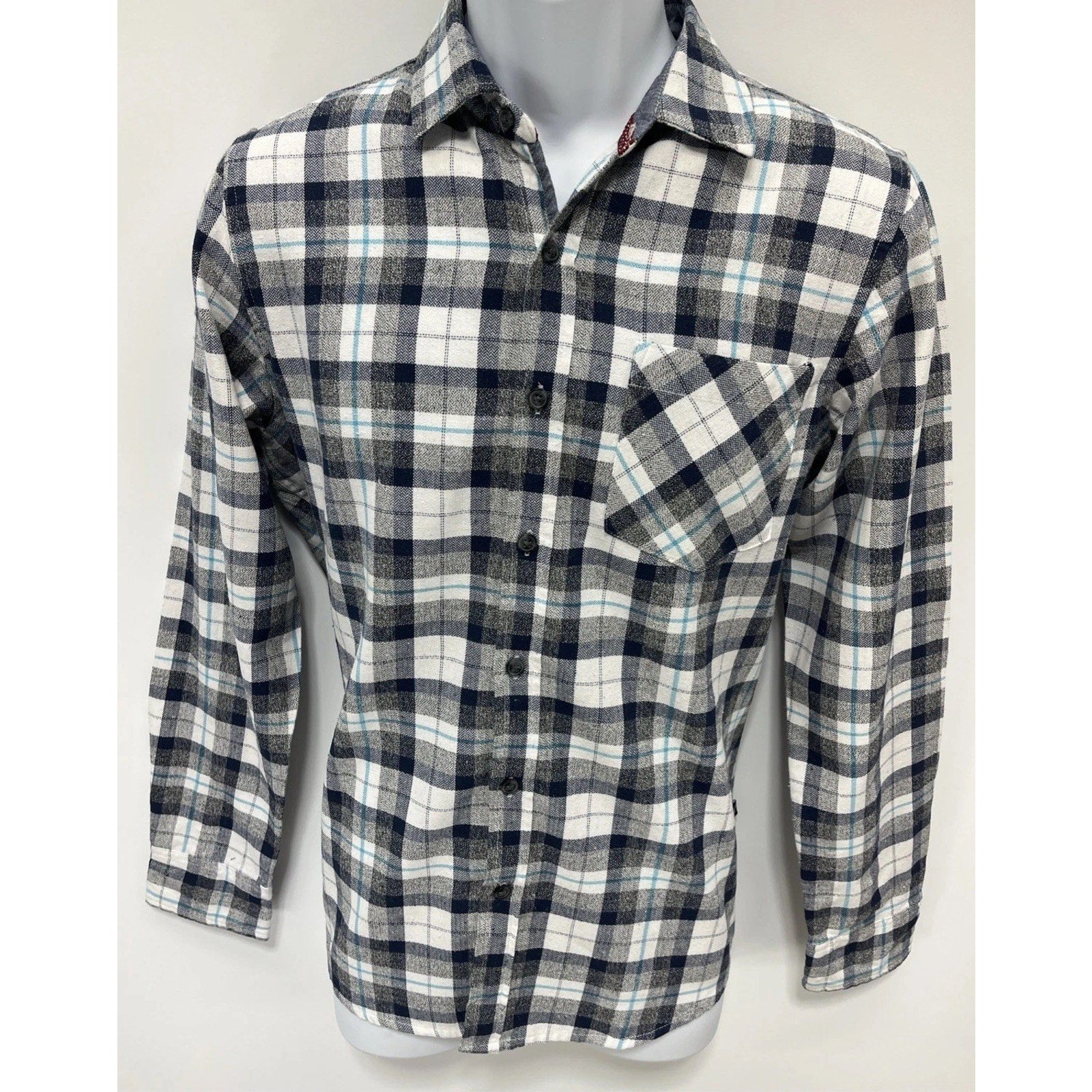 MBX LA Flannel Collection Men's Button-Down Shirt Gray/White Blue Plaid Size S